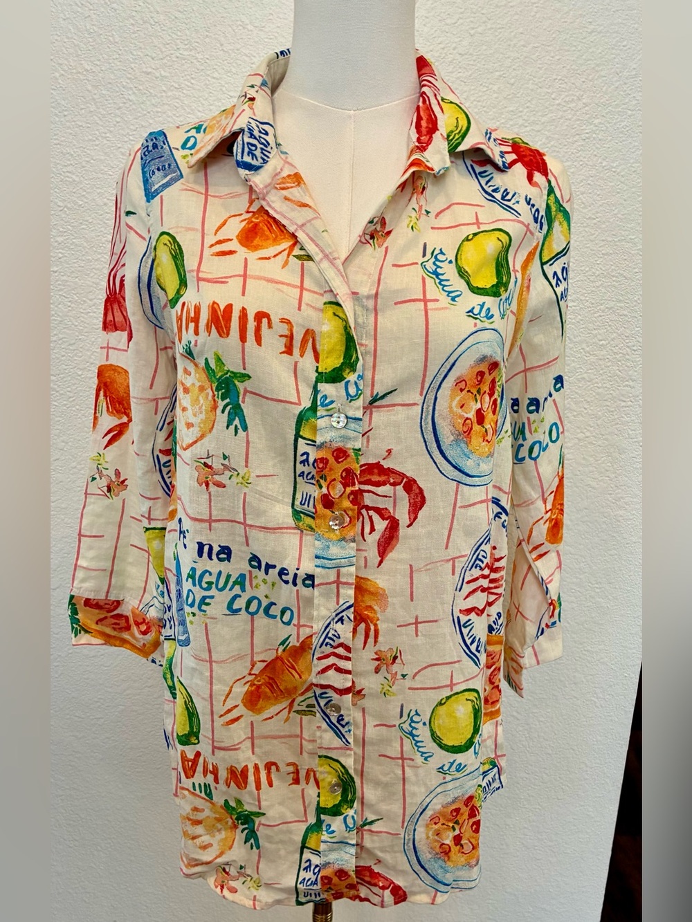 Calypso St. Barth Shirt Blouse Top Tunic Medium Linen Lobster Long Sleeve New
